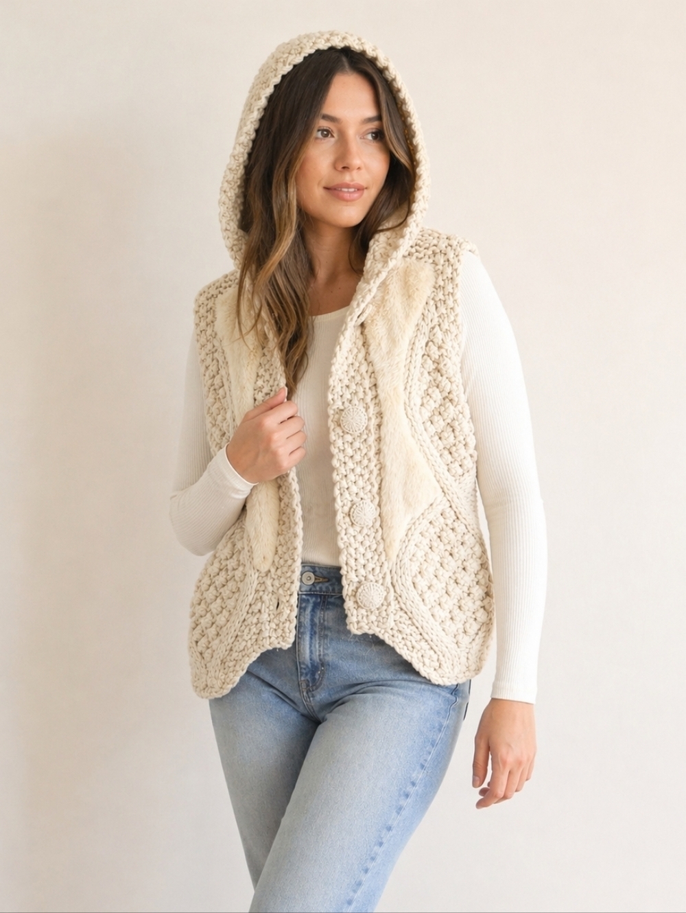 Lili Closet Hooded Chunky Knit Vest XS Cream Boho Sweater Faux Fur Trim Button